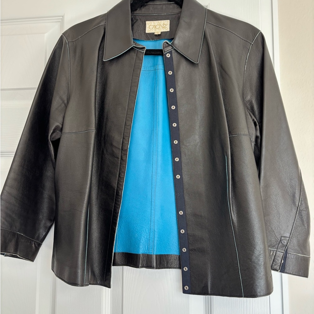 Cache Black Natural Leather Jacket with Blue Lining